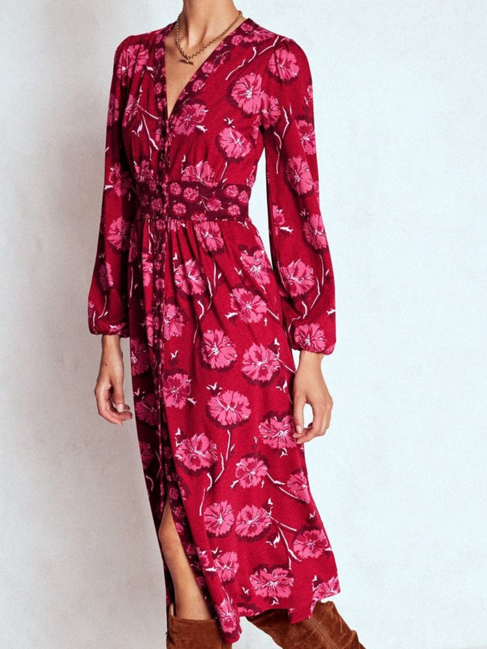 Boden Natalia Long Sleeve Tea Dress in the "Delicate Carnation" print.